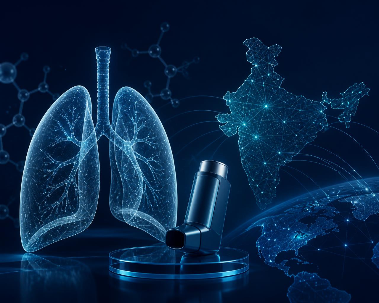 Abstract data visualisation of lungs, an inhaler device and a connected institutional healthcare network